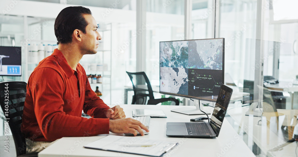 Computer screen, map and wind turbine with business man in office for renewable energy or sustainability. Electricity, laptop and windmill with location on display for development or engineering Computer screen, map and wind turbine with business man in office for renewable energy or sustainability. Electricity, laptop and windmill with location on display for development or engineering