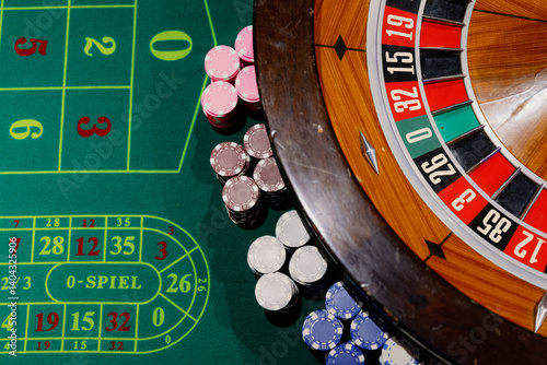 roulette wheel and chips on table showcase casino excitement. vibrant colors and intricate details highlight gambling atmosphere. perfect for gaming, nightlife, and entertainment projects