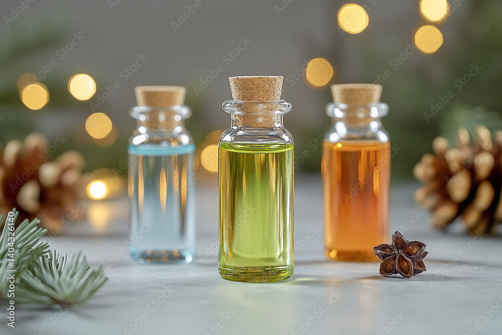 Three small glass vials filled with colorful liquids and bubbles, against a blurred bokeh background. Three small glass vials filled with colorful liquids and bubbles, against a blurred bokeh background.