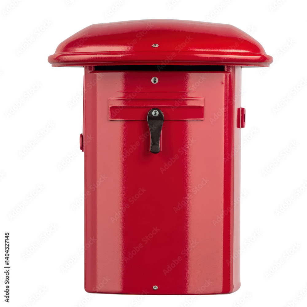Classic red mailbox standing proudly against a charming rural backdrop highlighting americana and nostalgia isolated on a white background. Classic red mailbox standing proudly against a charming rural backdrop highlighting americana and nostalgia isolated on a white background.