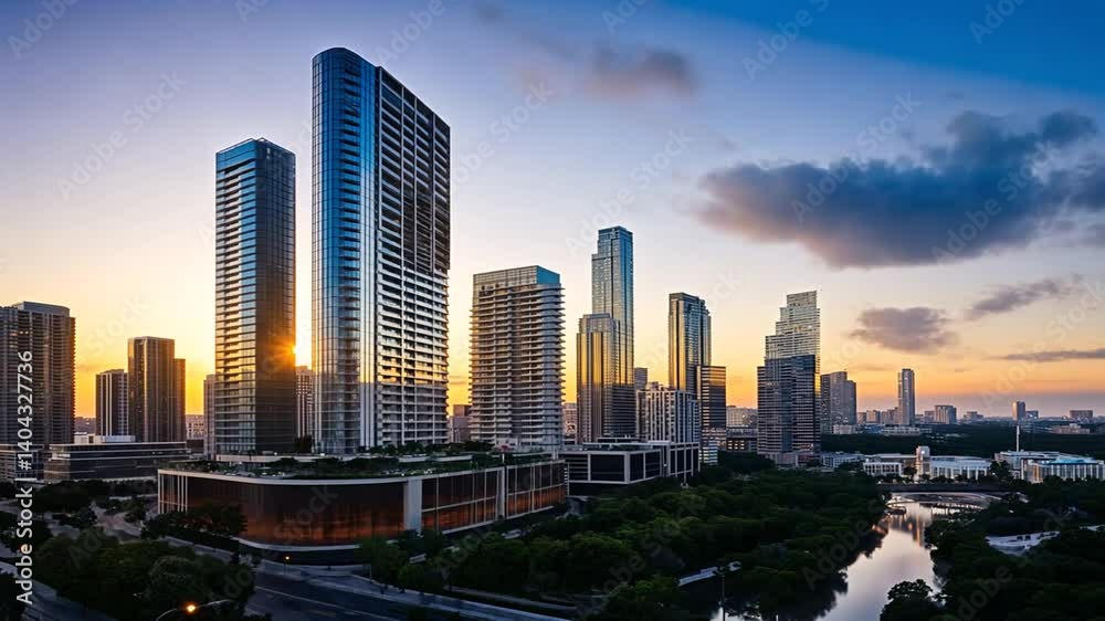 City skyline at dusk, with tall buildings, trees, river, and soft sunset hues in the sky City skyline at dusk, with tall buildings, trees, river, and soft sunset hues in the sky