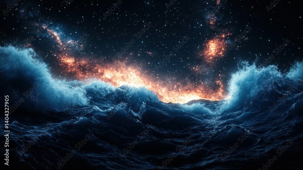 Fototapeta premium Cosmic waves crash against a fiery nebula