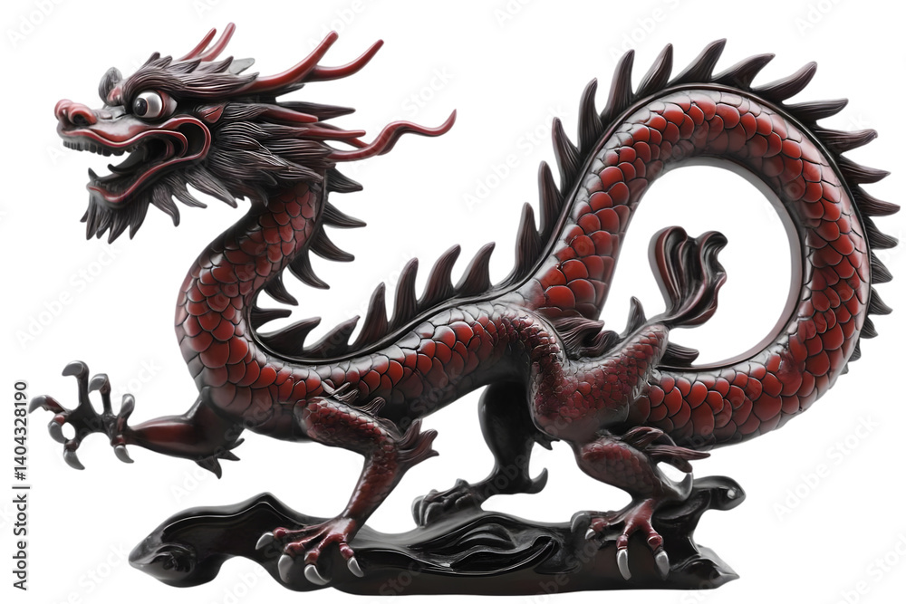 Fototapeta premium Red Chinese Dragon Sculpture Isolated on Transparent Background Photo
