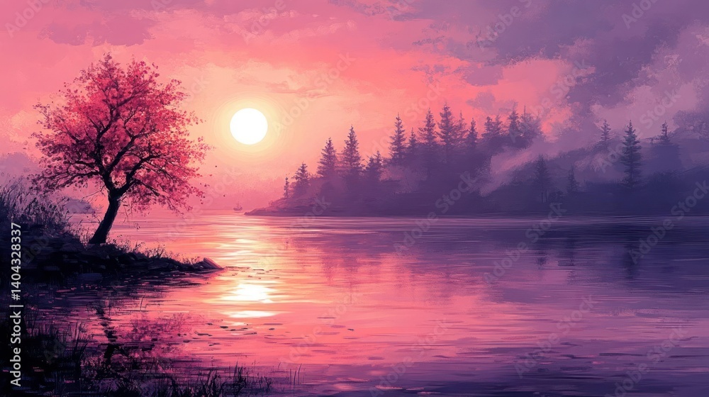 Serene sunset over a tranquil lake, featuring a solitary tree and misty mountains. A vibrant, soft color palette creates a peaceful atmosphere Serene sunset over a tranquil lake, featuring a solitary tree and misty mountains. A vibrant, soft color palette creates a peaceful atmosphere