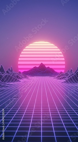 Vaporwave digital sunset with glowing grid landscape and mountain silhouette.