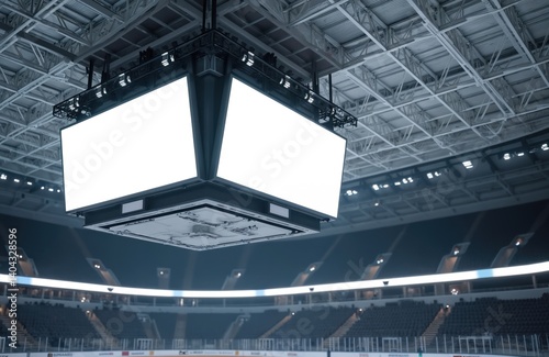 Empty arena sports scoreboard with blank white screen display. Digital display board for advertising or broadcast information during event. Advertising space, copy space on scoreboard in sports field. photo