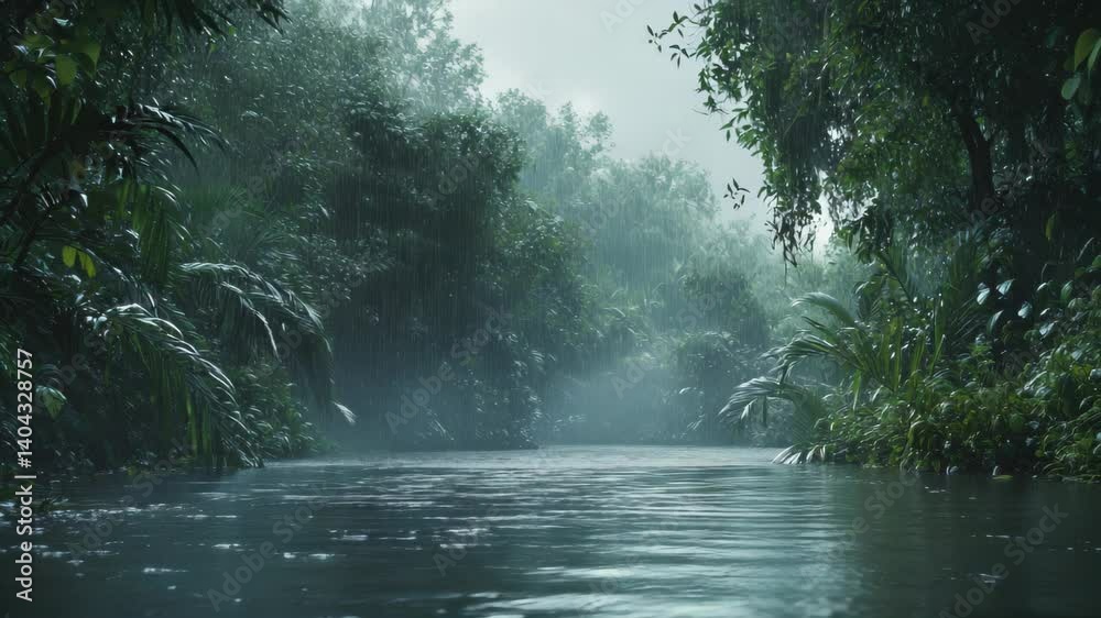 Rain falls gently over a calm river surrounded by dense tropical forest and vibrant greenery. The tranquil scene captures the peaceful rhythm of nature during a rainy day in the jungle. Rain falls gently over a calm river surrounded by dense tropical forest and vibrant greenery. The tranquil scene captures the peaceful rhythm of nature during a rainy day in the jungle.