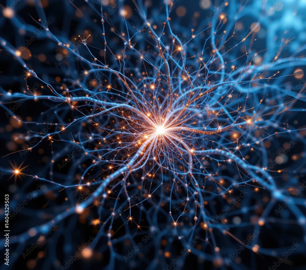 Fototapeta premium A striking close-up of vibrant blue neurons, showcasing their intricate structures and branching dendrites against a dark background, highlighting the beauty of neural connectivity.