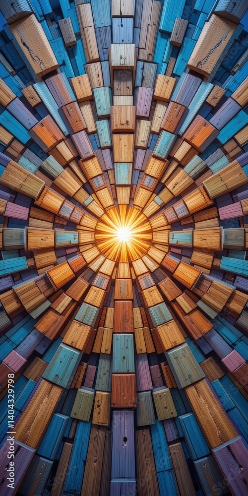 Fototapeta premium A vibrant wooden wall painted in a spectrum of colors, with sunlight streaming through the gaps, casting playful shadows and illuminating the rich textures of the wood.