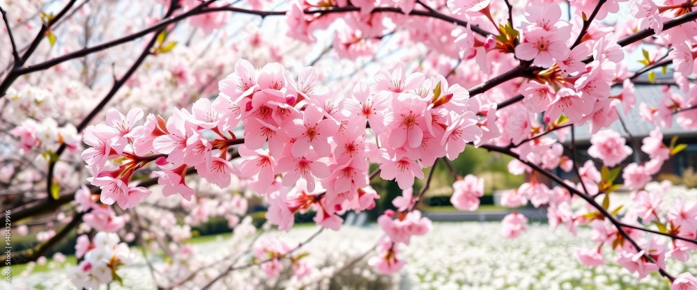 Delicate pink cherry blossom in full bloom against a backdrop of white flowers and a tranquil Asian landscape, background, delicate Delicate pink cherry blossom in full bloom against a backdrop of white flowers and a tranquil Asian landscape, background, delicate