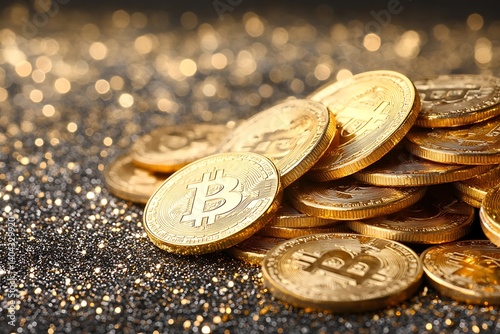 Gold Bitcoin Stack on Glitter Background photo