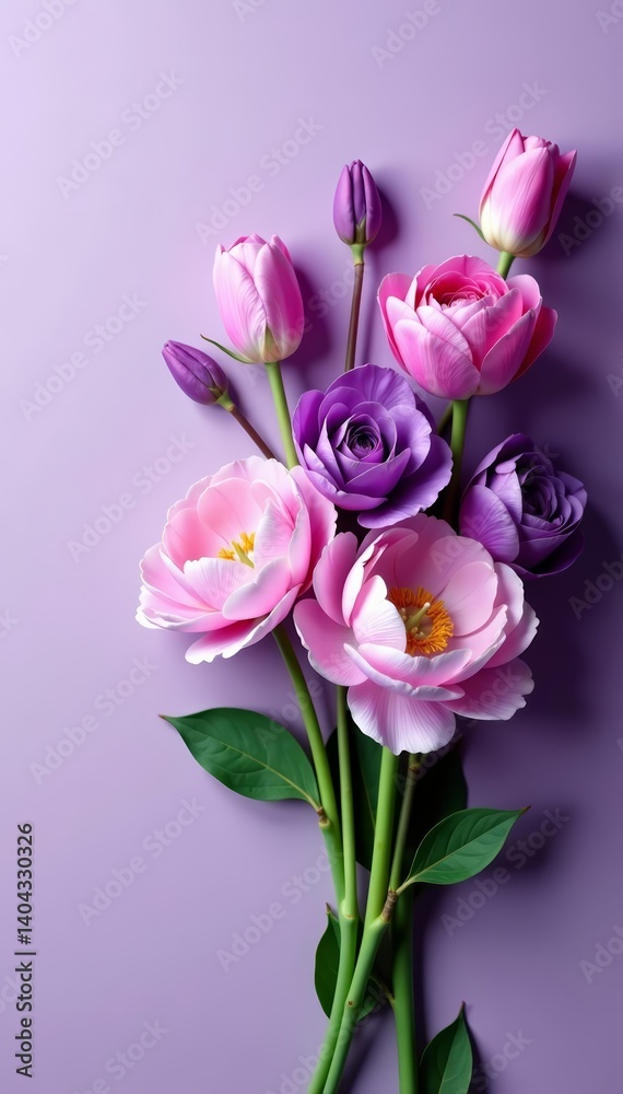 Obraz premium Delicate purple floral arrangement with roses, tulips, and peonies, elegant, floral
