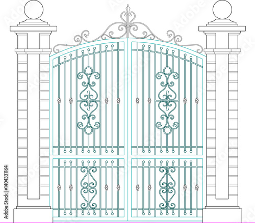 vector sketch illustration silhouette design of iron fence gate with classic vintage ethnic decorative ornaments  