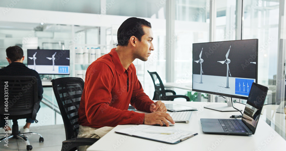 Screen, engineer and man with laptop, office and planning for windmill design, online or renewable energy. Business, designer and person with tech for wind turbine, economic benefits and eco friendly Screen, engineer and man with laptop, office and planning for windmill design, online or renewable energy. Business, designer and person with tech for wind turbine, economic benefits and eco friendly