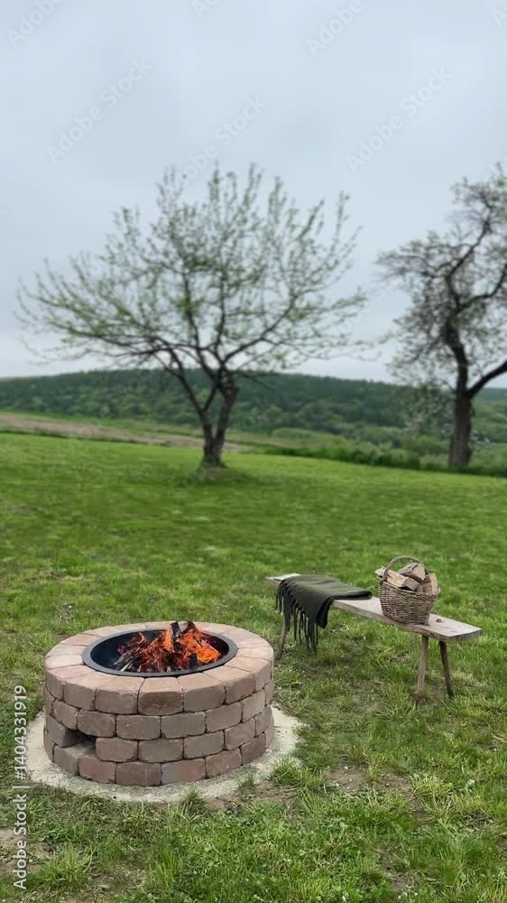 Enjoy a cozy outdoor fire pit scene at dusk, beautifully surrounded by lush nature Enjoy a cozy outdoor fire pit scene at dusk, beautifully surrounded by lush nature