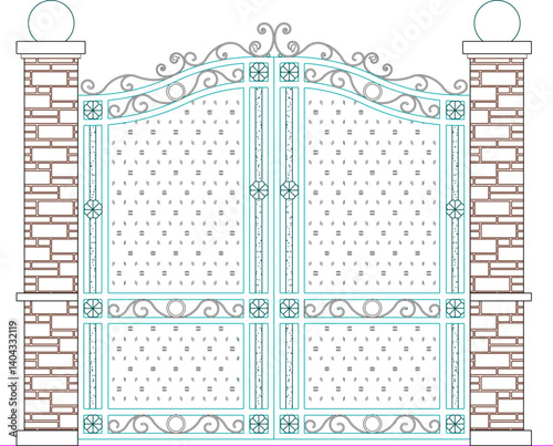 vector sketch illustration silhouette design of iron fence gate with classic vintage ethnic decorative ornaments