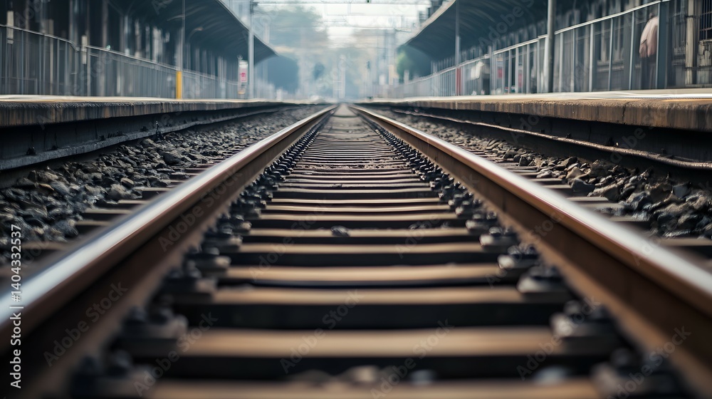 Railroad tracks stretch into the distance with a blurred station platform overhead. Railroad tracks stretch into the distance with a blurred station platform overhead.