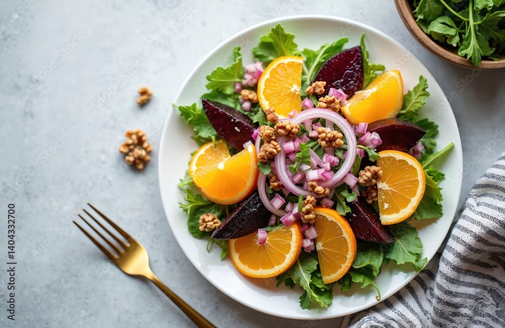 Healthy beet, orange salad with arugula, red onion, walnuts. Vegan vegetarian food. Dish for healthy eating, dieting. Plate on gray kitchen table, top view. Fresh mix of vegetables and fruits. Healthy beet, orange salad with arugula, red onion, walnuts. Vegan vegetarian food. Dish for healthy eating, dieting. Plate on gray kitchen table, top view. Fresh mix of vegetables and fruits.