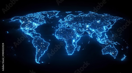 Luminous world map. Blue, bright, and connected cities outline continents on a dark backdrop