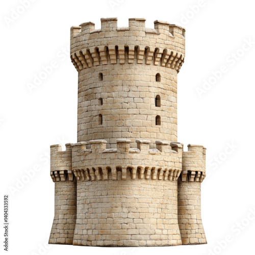 Majestic castle structure with towering walls and ornate features set against a clear blue sky isolated on a white background.