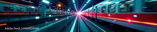 Digital binary code overlay on fast-moving train tracks in innovative transportation concept, urban, innovation
