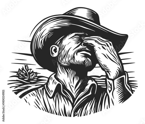 Vintage Engraving of a Man in a Cowboy Hat in Nature Scene