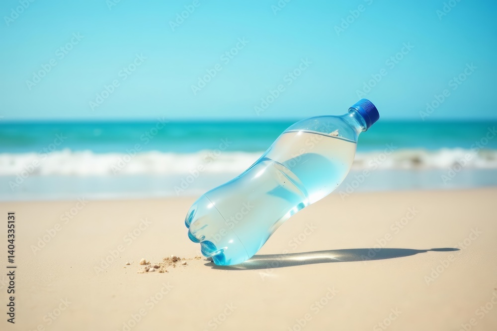 Discarded plastic bottle in pristine sand on beach with clear blue sky, sand, plastic Discarded plastic bottle in pristine sand on beach with clear blue sky, sand, plastic