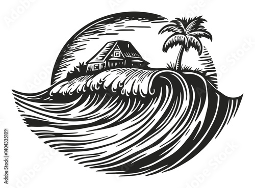 Tropical Island Engraving with House and Palm Tree near Waves