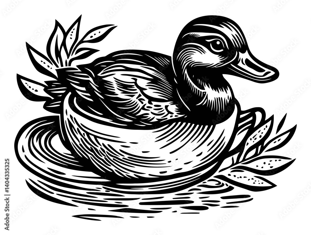 Obraz premium Detailed Engraving of a Duck Swimming in a Nesting Bowl