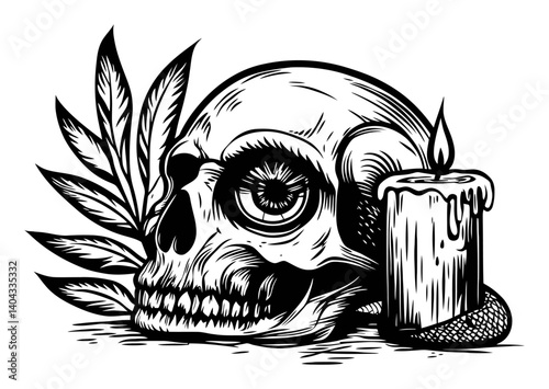 Intricate Engraving of Skull with Candle and Snake Elements