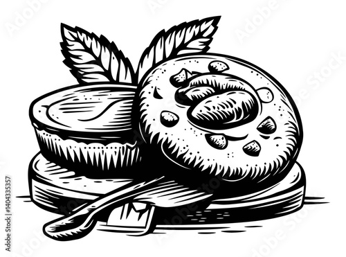 Engraving of a Cookie and Dessert with Mint Leaves on a Plate