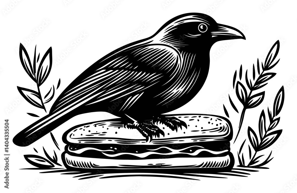 Naklejka premium Black Bird Engraving on Sandwich with Leaves for Unique Design