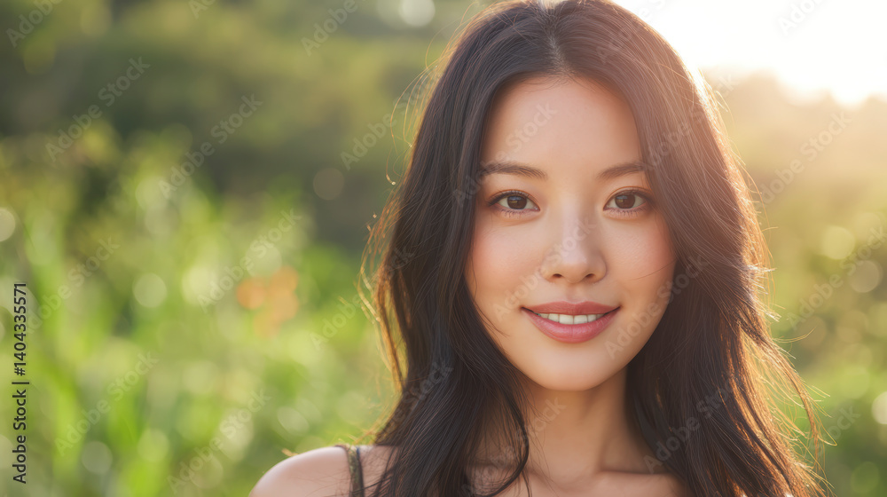 Portrait of a young woman smiling gently, backlit by a warm, sunlit garden setting. Portrait of a young woman smiling gently, backlit by a warm, sunlit garden setting.