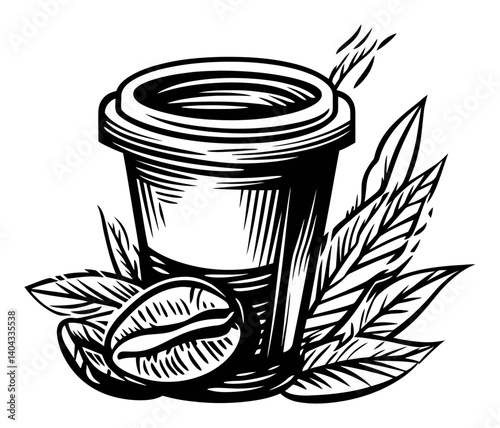 Engraving of Coffee Cup Surrounded by Leaves and Coffee Beans