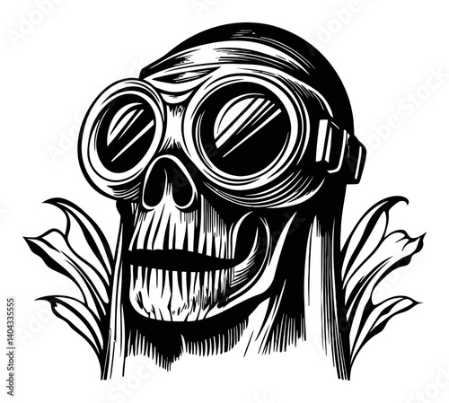 Creative Skull Engraving with Goggles and Floral Elements Artwork