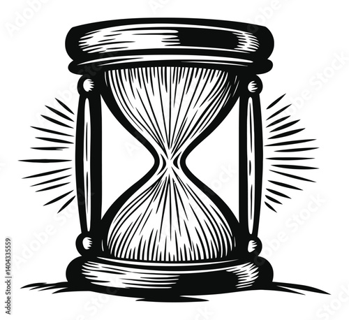 Vintage Engraving of Hourglass with Bold Lines and Radiant Design