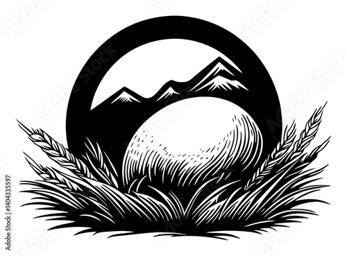 Engraving of Mountain Landscape with Egg and Wheat in Black and White