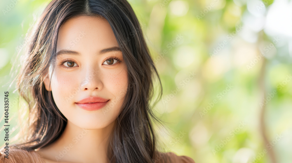 A young woman with long black hair smiling gently in a sunlit, leafy outdoor setting. A young woman with long black hair smiling gently in a sunlit, leafy outdoor setting.