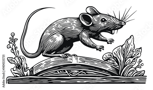 Detailed Engraving of a Mouse with Decorative Flora Elements