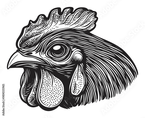 Detailed Engraving of a Chicken Head Showing Intricate Features
