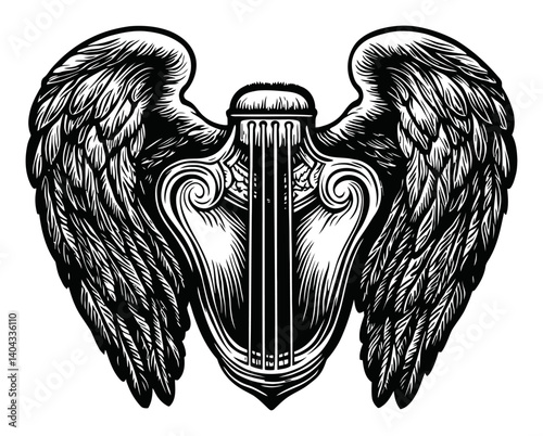 Detailed Vintage Engraving of a Winged Lyre Instrument Design