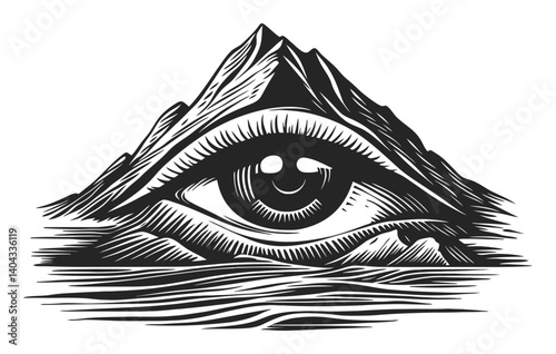 Engraved Eye Over Mountain Landscape in Monochrome Style