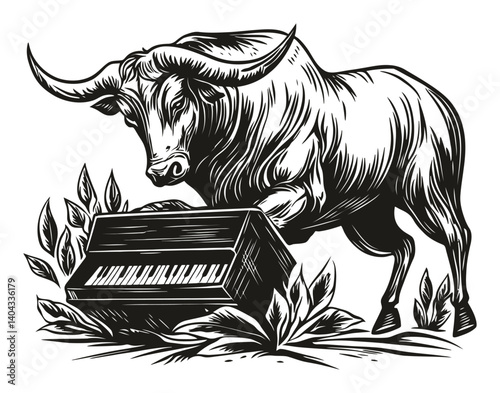 Detailed Engraving of a Bull Playing Piano in Botanical Setting