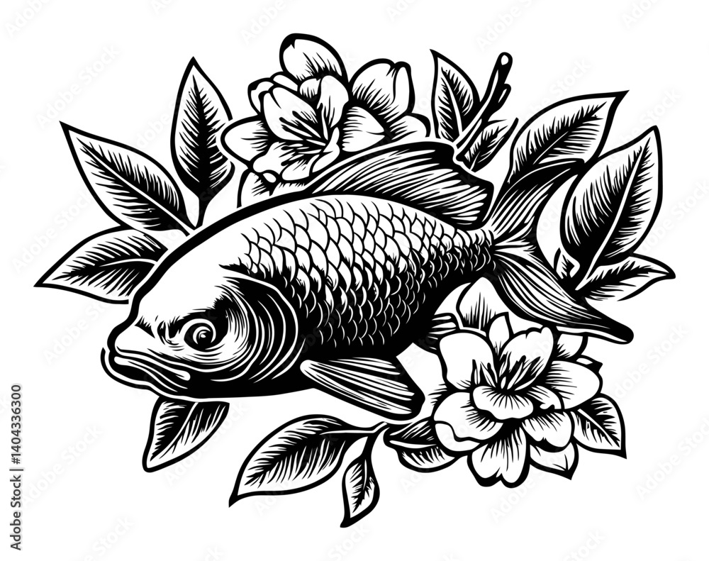 Fototapeta premium Engraved Goldfish Surrounded by Floral Elements in Black and White