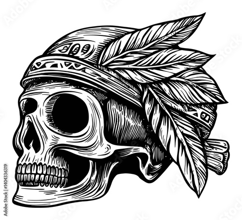 Detailed Engraving of a Skull with Leaves and Headgear Design