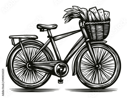 Vintage Engraving of Bicycle with Basket Full of Fresh Produce
