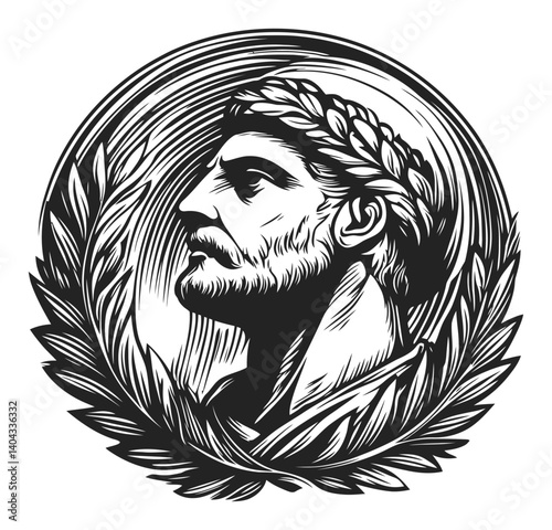 Classic Engraving of a Noble Figure with Laurel Wreath Design