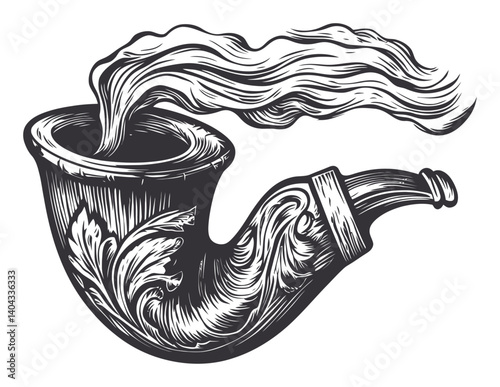 Elegant Engraving of a Decorative Smoking Pipe with Flowing Smoke