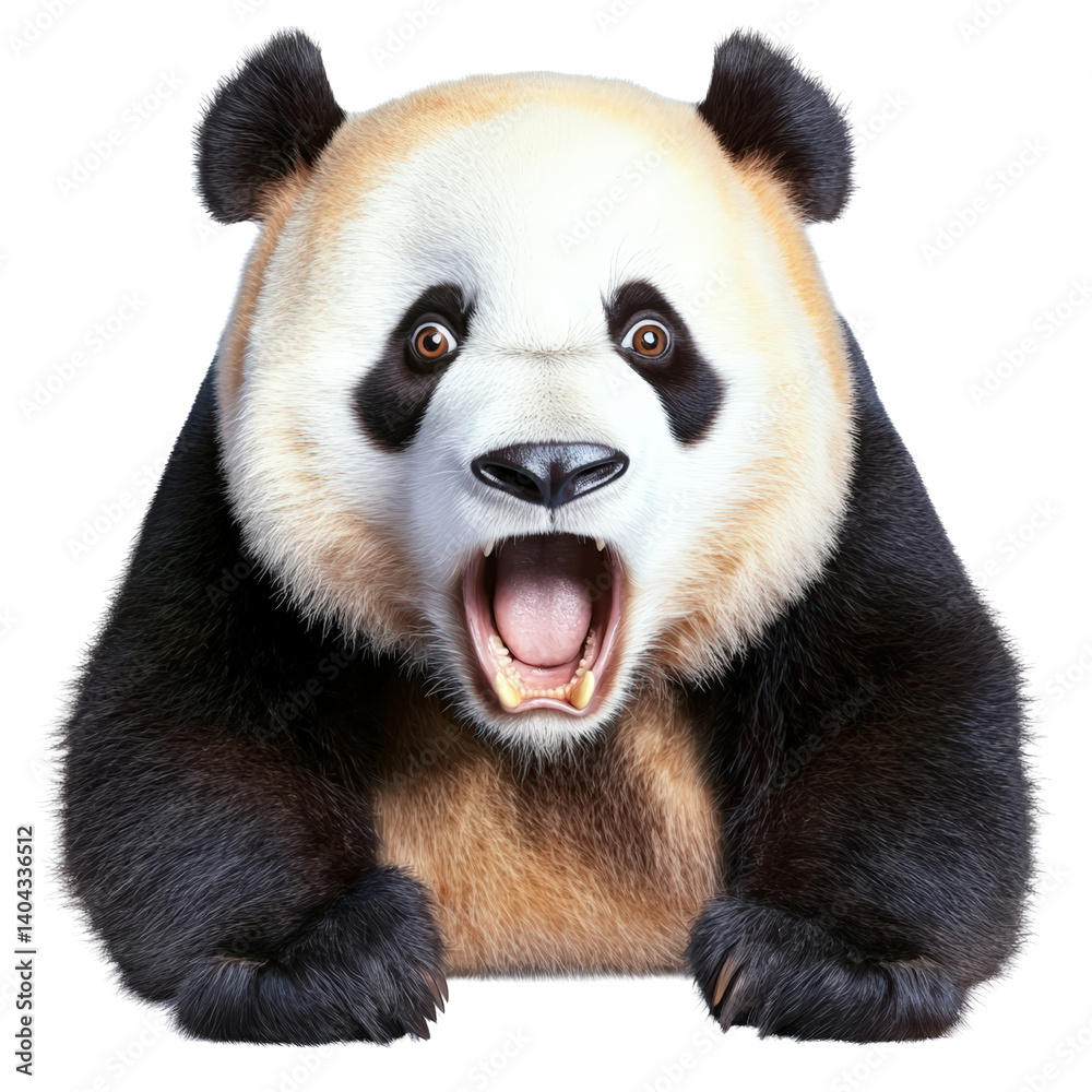 Obraz premium Playful panda bear with its mouth open capturing the cuteness and personality of this beloved animal isolated on a white background.