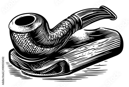 Vintage Engraving of a Classic Smoking Pipe on Wooden Base